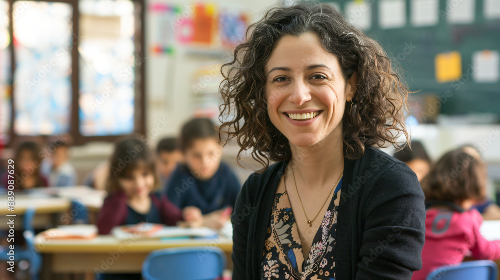 Smiling female teacher in a classroom with blurred students in the background. She is brunette with wavy hair. Smiling female teacher in a classroom with blurred students in the background. She is brunette with wavy hair.