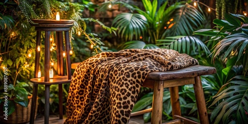 Vibrant leopard print fabric drapes elegantly over a rustic wooden stool, surrounded by lush greenery and soft warm lighting, evoking a sense of exotic sophistication. photo