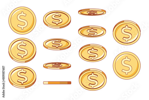 Gold coin animation on horizontal axis. Different positions money icons, golden cent, dollar sign in perspective, various angle view, bingo casino jackpot, vector isolated set