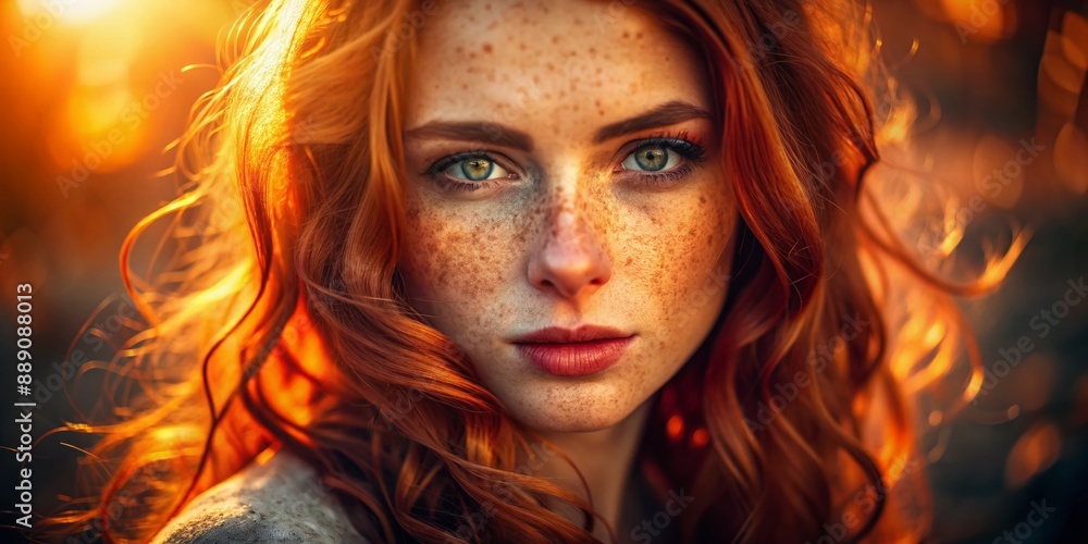 Vibrant red hair and scattered freckles on a smooth complexion, soft focus, warm lighting, and gentle shadows create an intimate, dreamy atmosphere. Vibrant red hair and scattered freckles on a smooth complexion, soft focus, warm lighting, and gentle shadows create an intimate, dreamy atmosphere.