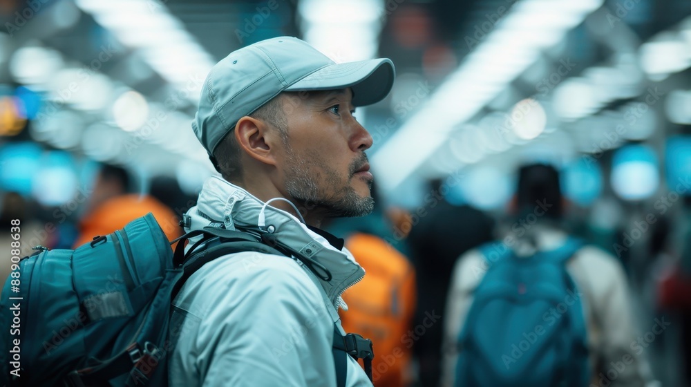A backpacker in a crowded airport terminal, wearing a cap and carrying a backpack, capturing a sense of adventure and readiness as they navigate through the crowd. A backpacker in a crowded airport terminal, wearing a cap and carrying a backpack, capturing a sense of adventure and readiness as they navigate through the crowd.