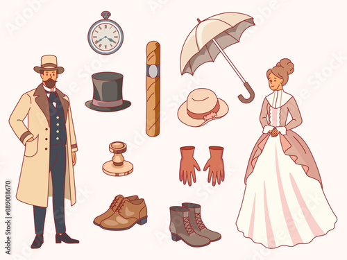Gentlemen and ladies elements. Aristocratic couple in victorian clothing, 19th century retro accessories, hat, pocket watch, cigar, elegant shoes, cartoon flat isolated illustration, vector set