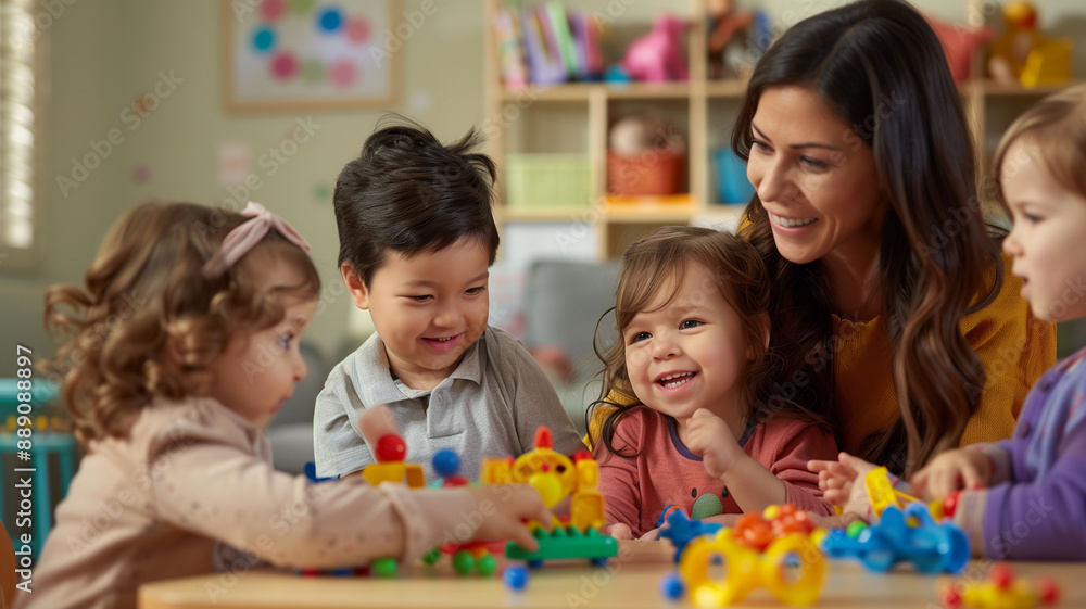 a group Children and speech therapist teacher in a study session, doing toys in the background a group Children and speech therapist teacher in a study session, doing toys in the background