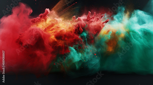 Red dust explosion on black background, Colorful Bangladeshi tricolor Red & green color on dark background.