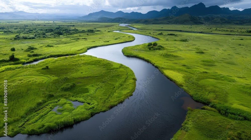 An aerial view of a meandering river gently flowing through an expansive, lush green landscape, surrounded by fields and hills under a cloudy sky, showcasing nature's beauty. An aerial view of a meandering river gently flowing through an expansive, lush green landscape, surrounded by fields and hills under a cloudy sky, showcasing nature's beauty.