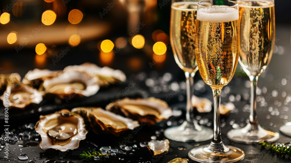 Luxury evening concept, tall glasses of sparkling beverage, oysters on black table. Romantic dinner. Generative AI Luxury evening concept, tall glasses of sparkling beverage, oysters on black table. Romantic dinner. Generative AI