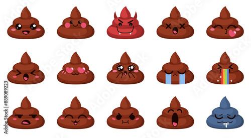 Funny poop emoticons. Kawaii stickers with different faces, excrement cute comic characters, twisted turd, happy poo and angry fecal mascot, various mood, cartoon flat isolated, tidy vector set