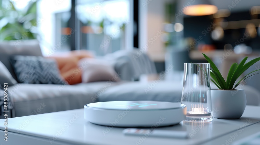 A modern and cozy living room featuring smart home devices. The decor is minimalist with a blend of comfort and technology, showcasing a smart hub on the coffee table. A modern and cozy living room featuring smart home devices. The decor is minimalist with a blend of comfort and technology, showcasing a smart hub on the coffee table.
