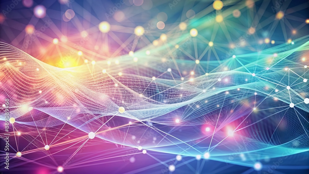 Obraz premium Soft pastel hues backdrop features wavy network of dots and interconnected threads, evoking a sense of futuristic cyberspace, data flow, and virtual realms.