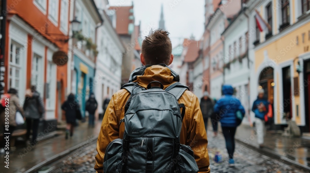 A backpacker in a yellow jacket and gray backpack explores a scenic, dimly-lit cobblestone street lined with colorful, historical buildings on a rainy day. A backpacker in a yellow jacket and gray backpack explores a scenic, dimly-lit cobblestone street lined with colorful, historical buildings on a rainy day.