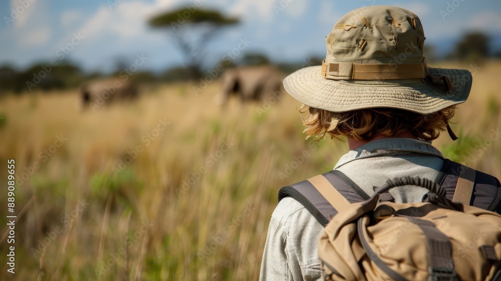 An explorer with a hat and backpack looks forward at safari tents in the vast African savanna, capturing the adventurous spirit and beauty of the wilderness. An explorer with a hat and backpack looks forward at safari tents in the vast African savanna, capturing the adventurous spirit and beauty of the wilderness.