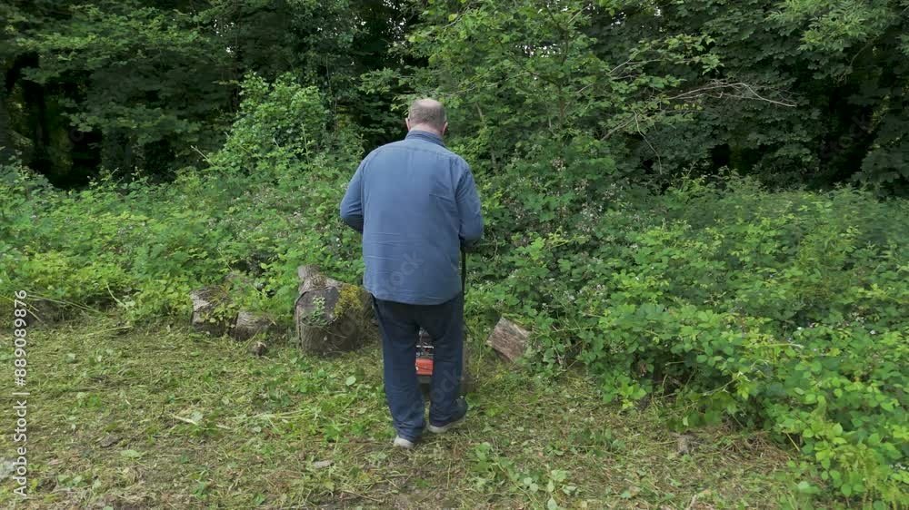 Man trying to clear heavily overgrown garden brambles using a mower, highlighting the effort in a rural setting Man trying to clear heavily overgrown garden brambles using a mower, highlighting the effort in a rural setting