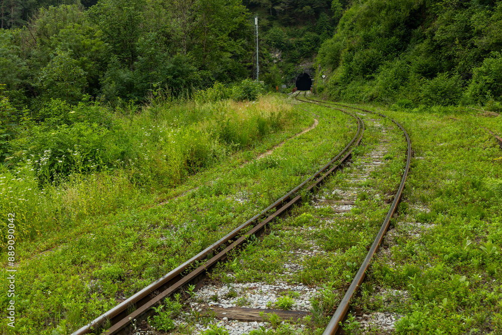 Railroad tracks, tunnel with train tracks, railway signs, ancient railway crossing, vintage train, curved lines. Railroad tracks, tunnel with train tracks, railway signs, ancient railway crossing, vintage train, curved lines.