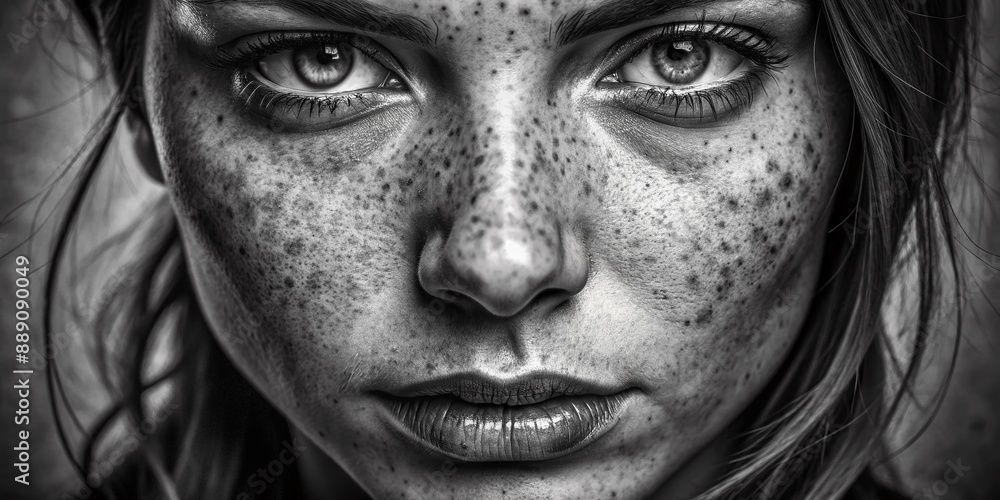 Intricate freckles on a smooth canvas, delicate lines and subtle shading evoke a sense of understated beauty, frozen in a stunning monochrome close-up portrait. Intricate freckles on a smooth canvas, delicate lines and subtle shading evoke a sense of understated beauty, frozen in a stunning monochrome close-up portrait.