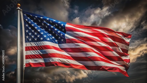 Patriotic symbol of freedom and independence, a solo American flag waves proudly, its vibrant red, white, and blue colors standing out against a dramatic black background.