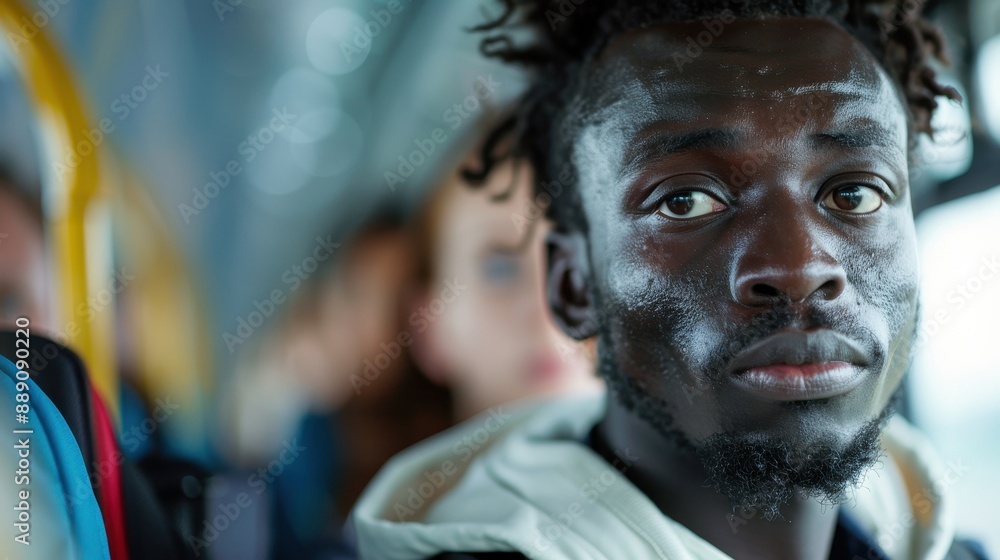 A passenger is seen on a bus with a blurred background, emphasizing the emotions and reflections involved in modern travel and urban life, set in a busy and transient atmosphere. A passenger is seen on a bus with a blurred background, emphasizing the emotions and reflections involved in modern travel and urban life, set in a busy and transient atmosphere.