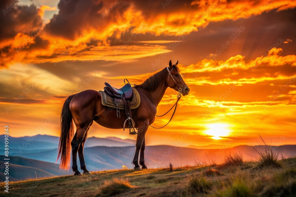 Vibrant orange sunset casts a warm glow on a lone horse's majestic silhouette, standing proudly on a rolling hill, with saddle and reins abandoned. Vibrant orange sunset casts a warm glow on a lone horse's majestic silhouette, standing proudly on a rolling hill, with saddle and reins abandoned.
