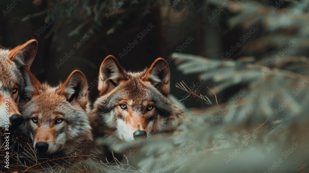 Fototapeta premium This evocative image shows three wolves peering through dense foliage in a forest, embodying their wild nature and collective awareness in a natural habitat during the day.