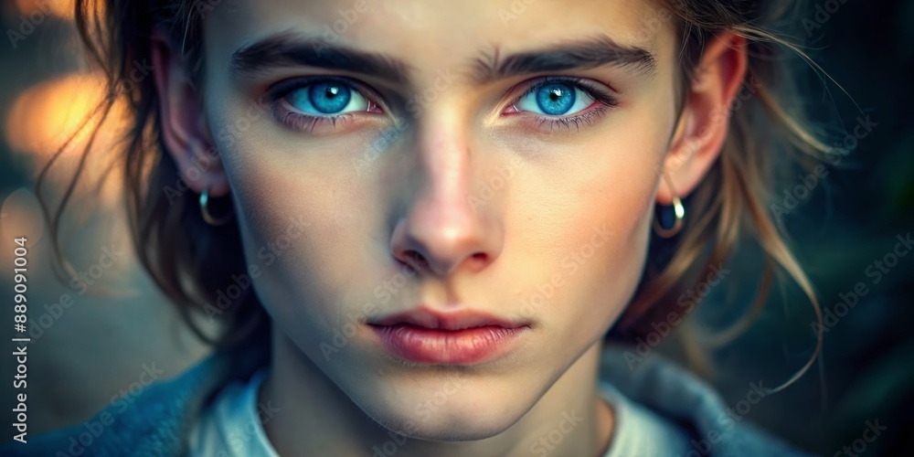 Softly lit delicate features of a youthful face with piercing blue eyes and subtle facial structure radiate effortless elegance and natural charm. Softly lit delicate features of a youthful face with piercing blue eyes and subtle facial structure radiate effortless elegance and natural charm.