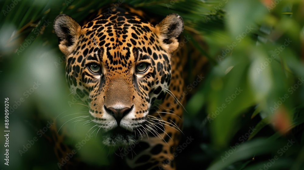 A captivating close-up of a majestic jaguar surrounded by lush jungle foliage, demonstrating the beauty and power of this incredible predator in its natural habitat. A captivating close-up of a majestic jaguar surrounded by lush jungle foliage, demonstrating the beauty and power of this incredible predator in its natural habitat.