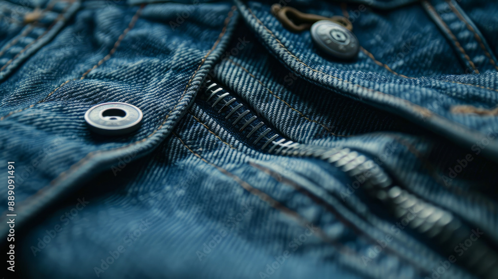 Close-up view of unzipped, blue denim jeans with a metal button. Concept: fashion, shopping, sales, design details, and button seams. Close-up view of unzipped, blue denim jeans with a metal button. Concept: fashion, shopping, sales, design details, and button seams.