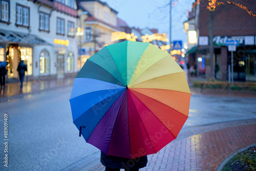 A person stands on a rainy street holding a colorful rainbow umbrella against a backdrop of quaint buildings and twinkling lights. photo