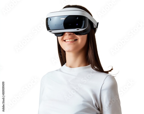 Portrait of Smiling Woman Wearing VR Headset on White Background with Professional Color Grading © PhotoPhantom