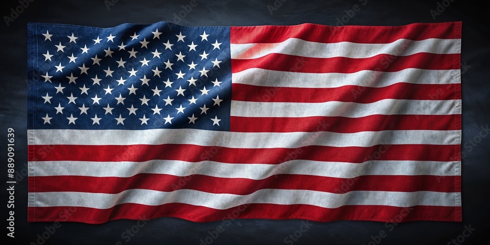Obraz premium Vibrant stars and stripes unfold on a dark navy background, showcasing the iconic national symbol in a stunning top-flat laying view, evoking patriotism and pride.