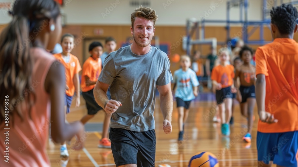 A physical education teacher instructing students during a gym class ...