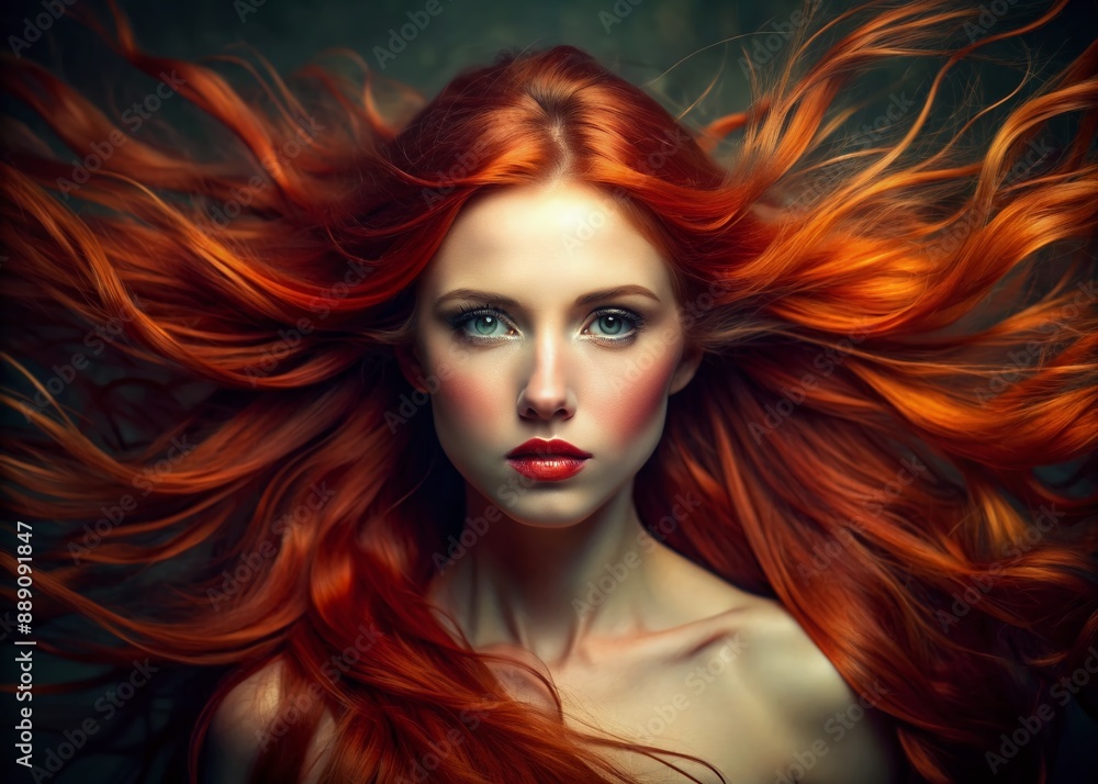 Vibrant red locks cascade down a canvas, elegantly capturing the essence of a beautiful woman, her striking features subtly implied in the flowing, fiery mane. Vibrant red locks cascade down a canvas, elegantly capturing the essence of a beautiful woman, her striking features subtly implied in the flowing, fiery mane.