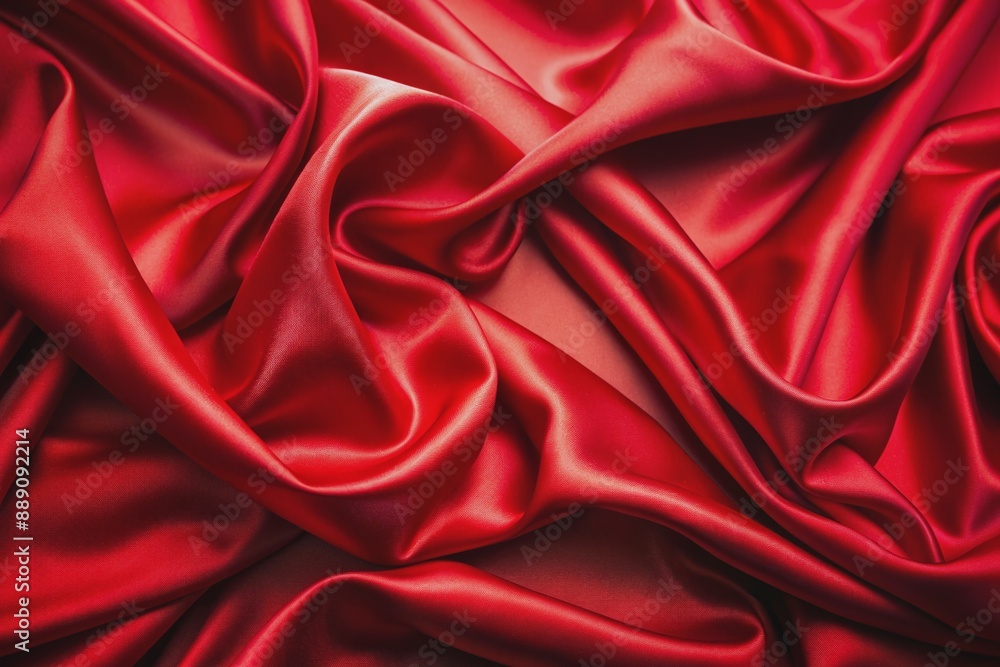 Obraz premium Vibrant red satin fabric background with subtle sheen, folds and wrinkles, evoking luxury, elegance, and sophistication, perfect for high-end product, fashion, or beauty branding.