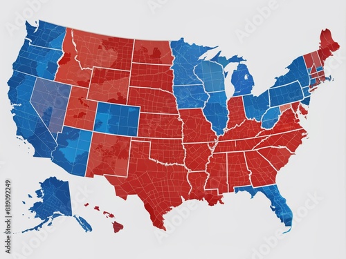 Vibrant, detailed map of the United States highlighting key electoral regions, swing states, and crucial voting districts for in-depth political analysis and strategy. photo