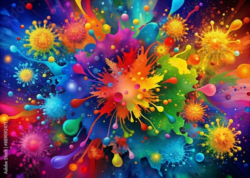 Vibrant abstract background featuring colorful splashes of paint in various shapes and sizes, perfect for creative presentation designs and modern illustrations.