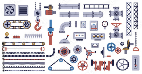 Cartoon steel machine parts. Mechanical details and technical mechanisms, buttons, metal gears and levers, robots components, nowaday vector isolated flat engineering industrial equipment set