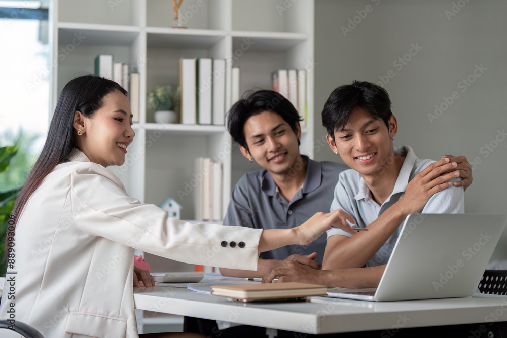 Happy Gay Couple Planning Finances with Financial Advisor at Home Office, Discussing Budget and Investments Happy Gay Couple Planning Finances with Financial Advisor at Home Office, Discussing Budget and Investments