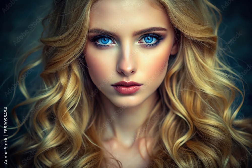 Fototapeta premium Vibrant blue eyes sparkle with intensity against porcelain skin, surrounded by luscious golden blonde locks, creating a captivating and intimate atmosphere in this stunning portrait.