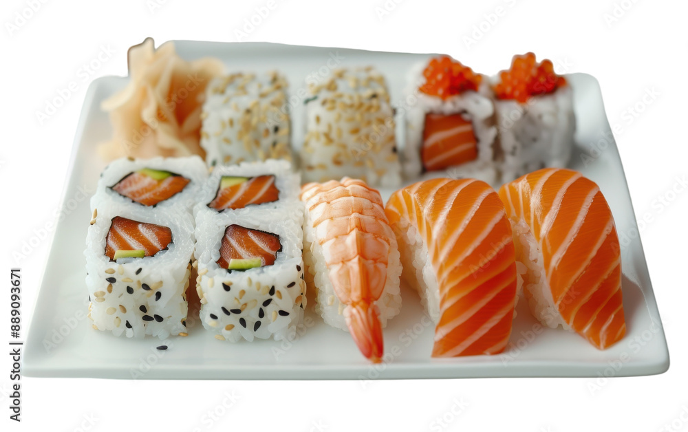 Assorted Salmon Sushi Rolls and Nigiri on White Plate Assorted Salmon Sushi Rolls and Nigiri on White Plate