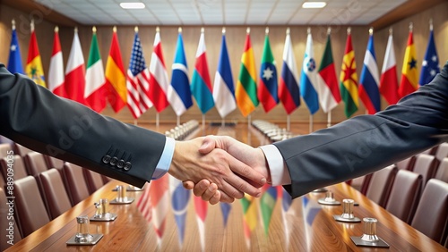 Diplomatic achievement symbolized by a handshake shape formed by flags of different countries on a diplomatic table against a blurred background of a conference hall. photo