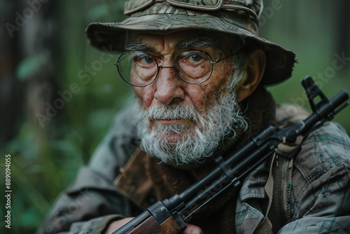 Hunter male female shooting from rifle gun in woods safari hunting season, Generative AI