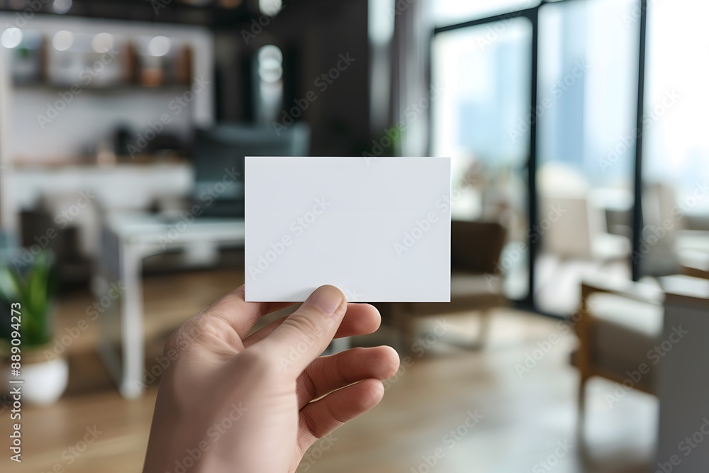 Mockup of a business card held in hand against a backdrop of a modern, stylish workspace Mockup of a business card held in hand against a backdrop of a modern, stylish workspace