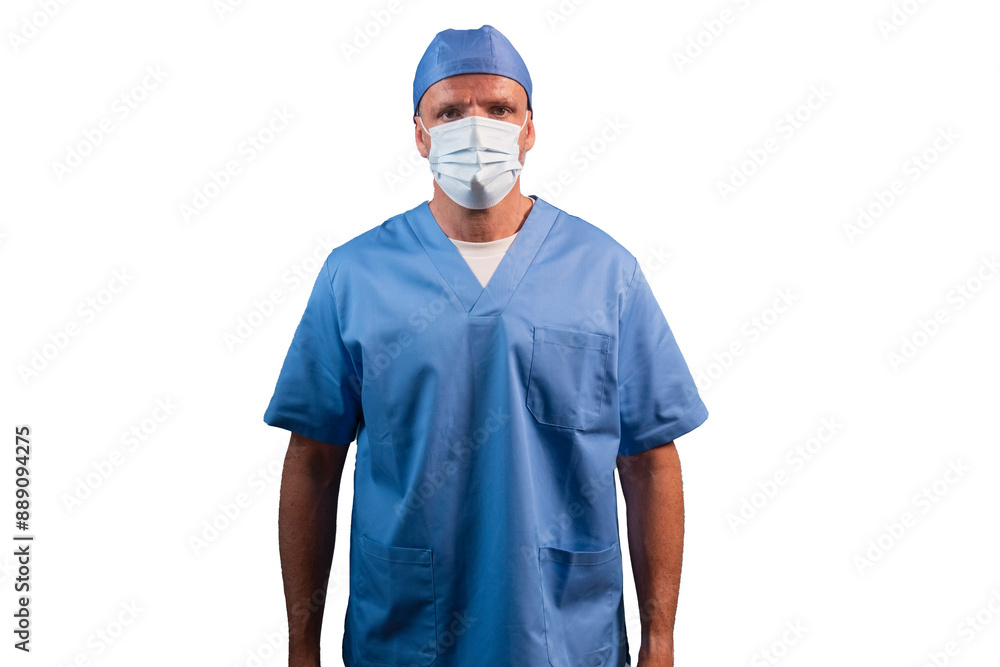 Portrait of a physiotherapist in light blue gown looking at camera in studio. Portrait of a physiotherapist in light blue gown looking at camera in studio.