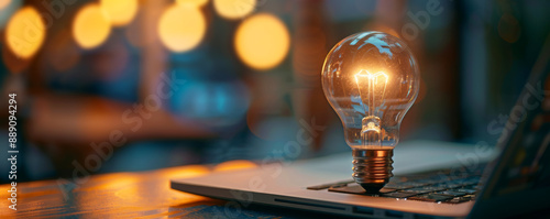 Illuminated light bulb on a laptop concept idea