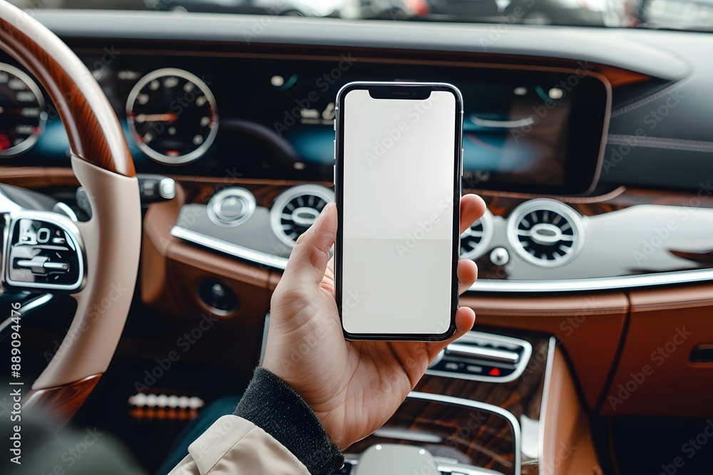 Mockup of a blank app interface on a smartphone held in a person’s hand with a luxury car interior as the background Mockup of a blank app interface on a smartphone held in a person’s hand with a luxury car interior as the background