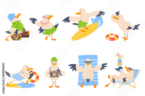 Cartoon funny seagull character. Nautical bird different poses and actions, travel agency cute mascot, summer marine vacation, seabird surfing and relax on beach, sea adventure, vector set