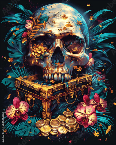 A skull is sitting on top of a gold chest with a bunch of flowers and coins. The skull is surrounded by a lush green background with a blue sky in the background. Scene is mysterious and eerie