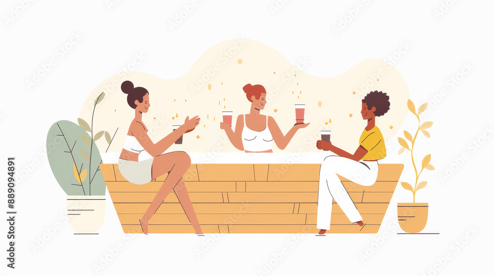 Three women enjoying drinks together in a cozy, wooden hot tub, surrounded by plants and light ambiance, emphasizing relaxation and friendship. Three women enjoying drinks together in a cozy, wooden hot tub, surrounded by plants and light ambiance, emphasizing relaxation and friendship.