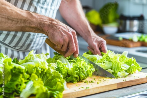 Slicing romaine lettuce for a chopped salad - close up ANTIPASTO SALAD SERIES. Beautiful simple AI generated image in 4K, unique.