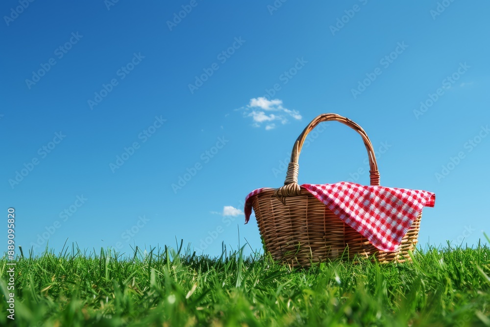 Wicker Picnic Basket with Red Checkered Cloth in Field of Flowers Wicker Picnic Basket with Red Checkered Cloth in Field of Flowers