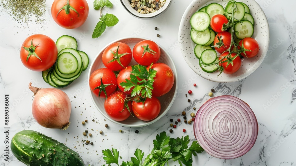 Vibrant Fresh Salad Ingredients Flat Lay on White Marble Surface Vibrant Fresh Salad Ingredients Flat Lay on White Marble Surface