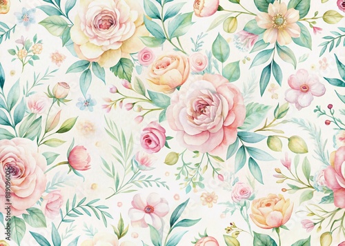 Wallpaper Mural Soft, whimsical seamless pattern of delicate watercolor florals in gentle pastel hues on digital paper, perfect for feminine designs and sweet creations. Torontodigital.ca